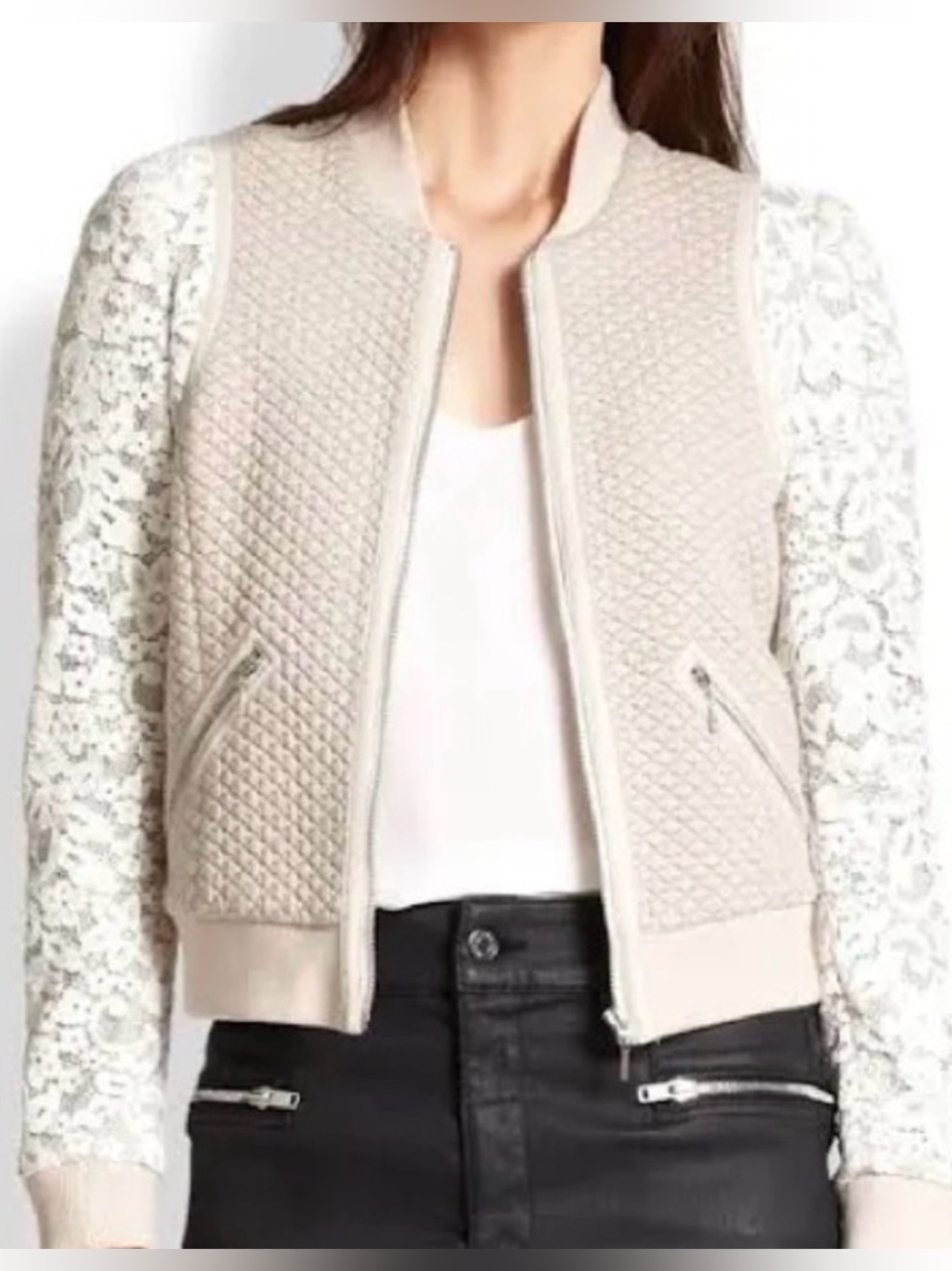Rebecca Taylor Cream Light Mauve Quilted Bomber with Lace Sleeves size 2